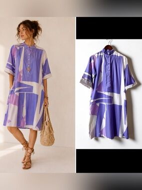 VTG Catherine Ogust Penthouse Gallery Shirt Dress Purple Geometric Caftan 1970s